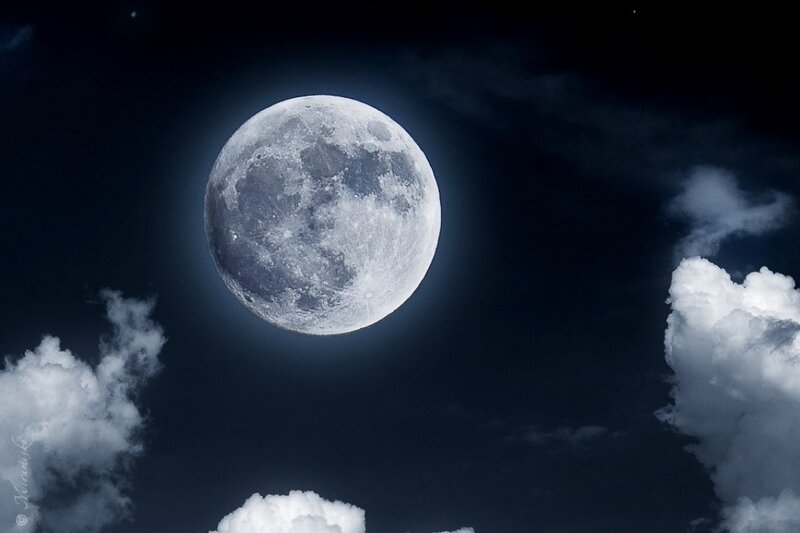 Full Moon in Night Sky — Blue, Dramatic, Photograph, Clouds, Stars