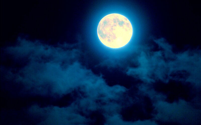 Full Moon in Night Sky — Blue, Dramatic, Photograph, Clouds