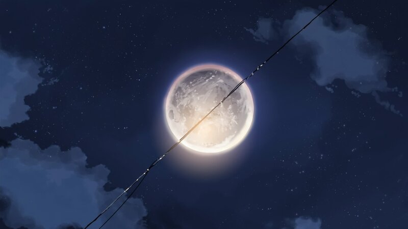 Full Moon in Night Sky — Blue, Serene, Anime, Clouds, Stars
