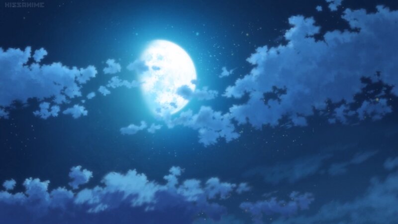 Full Moon in Night Sky — Blue, Serene, Anime, Clouds