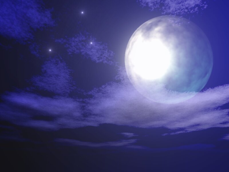 Full Moon in Night Sky — Blue, Serene, Digital Art, Clouds