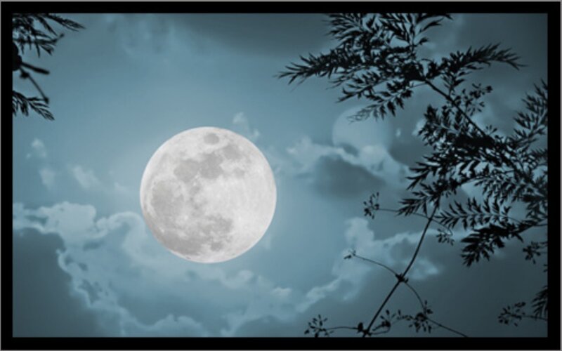 Full Moon in Night Sky — Blue, Serene, Photograph, Clouds