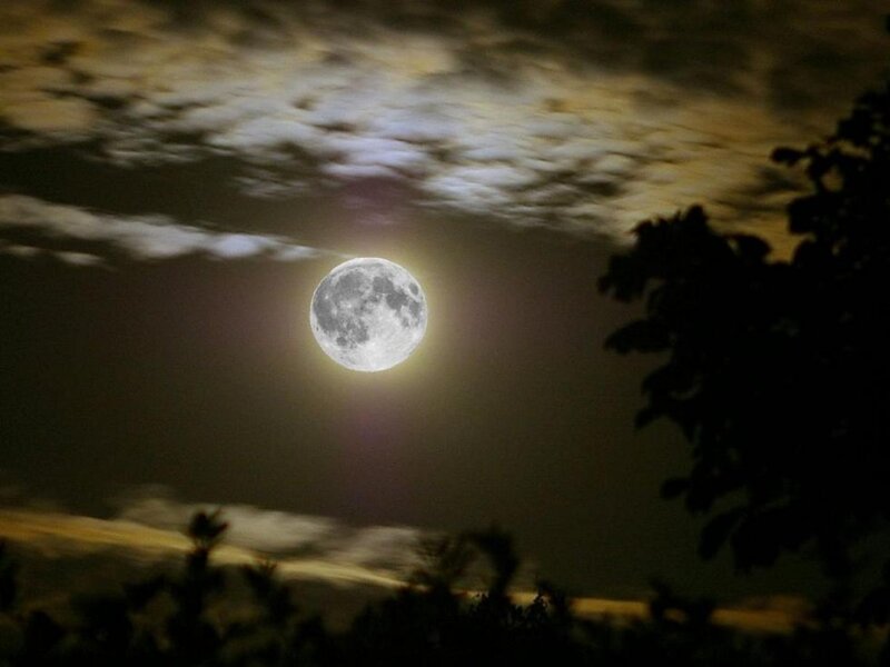 Full Moon in Night Sky — Gray, Serene, Photograph, Clouds
