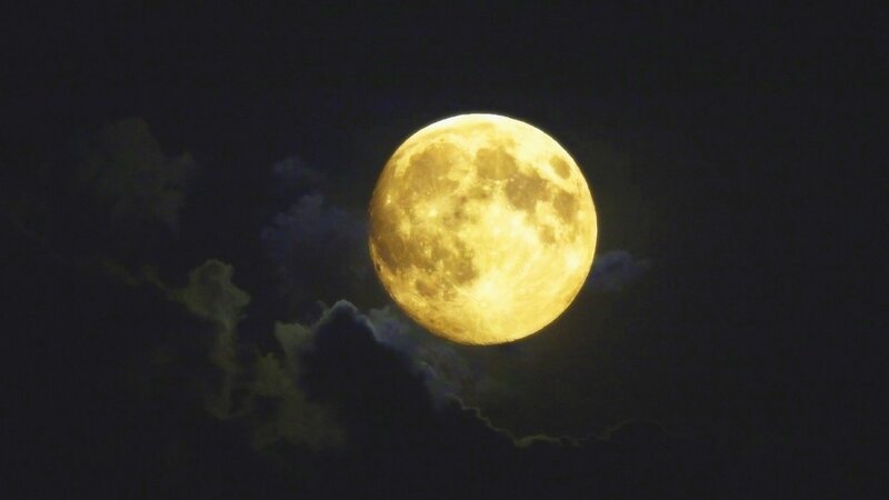 Full Moon in Night Sky — Yellow, Dramatic, Photograph, Clouds