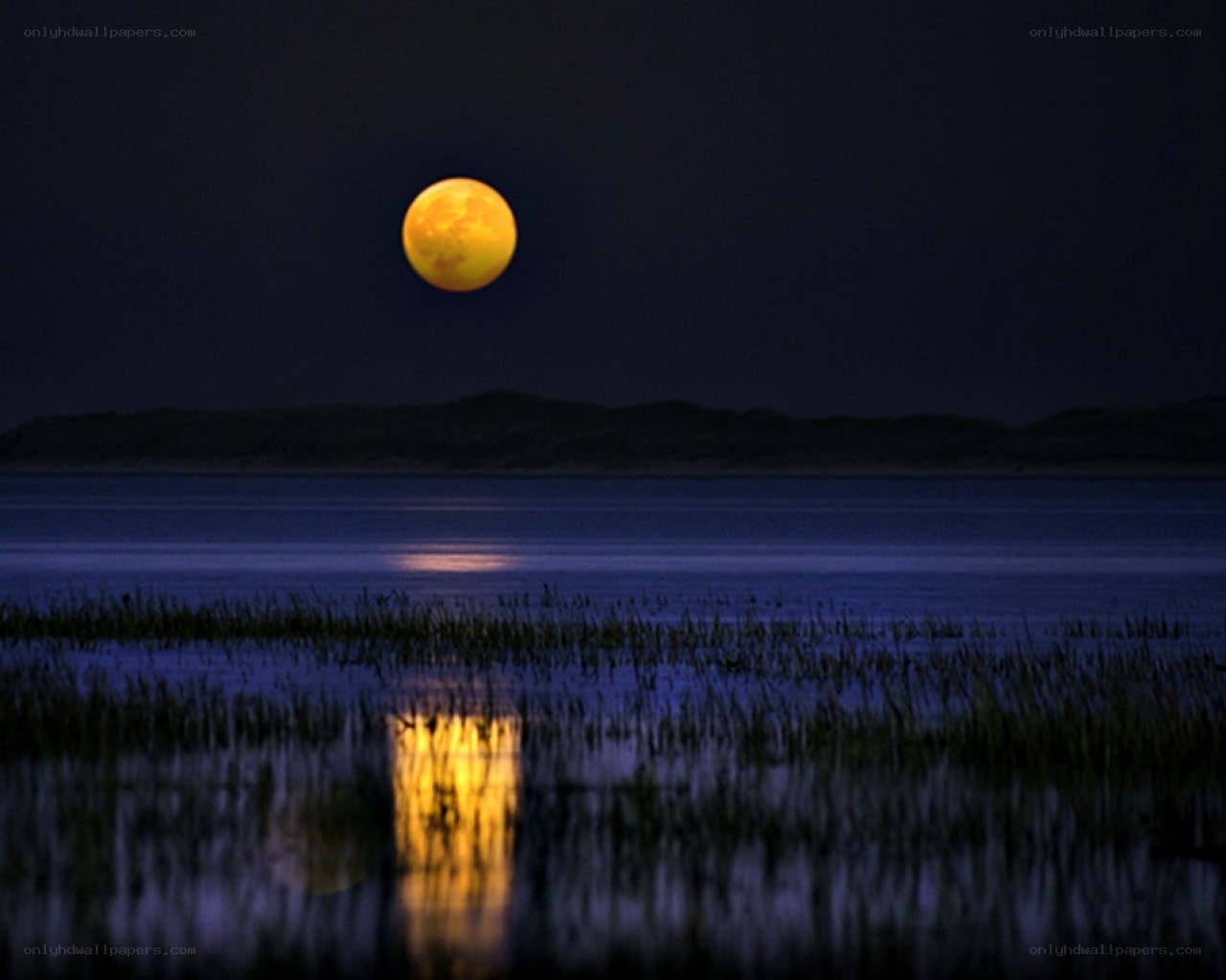 Full moon over a calm lake