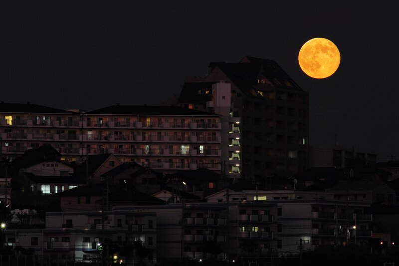 Full Moon over City — Black, Serene, Night