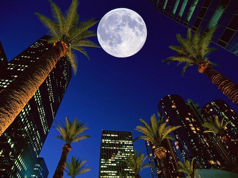 Full Moon over City — Blue, Dramatic