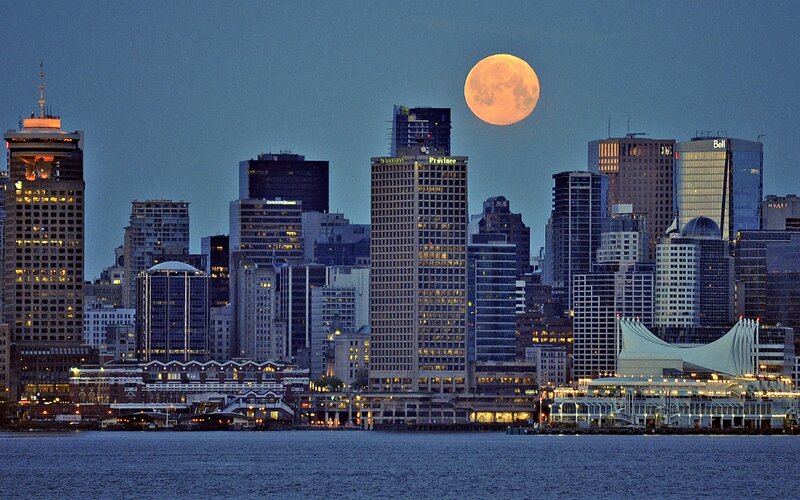 Full Moon over City — Blue, Serene, Night