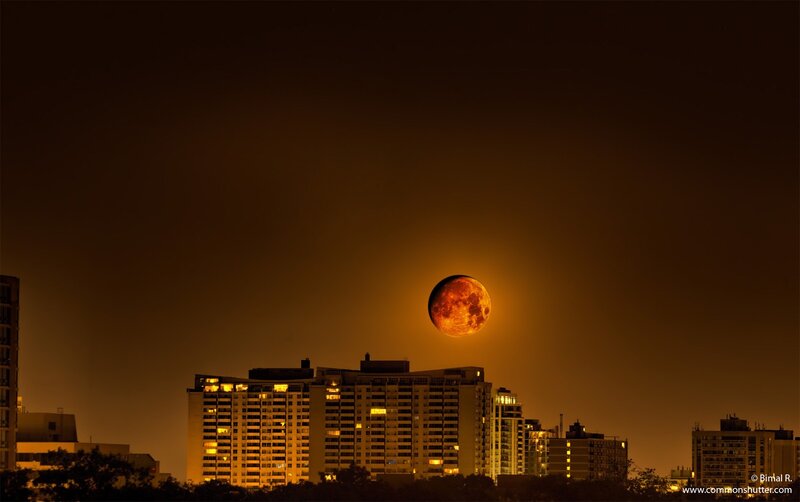 Full Moon over City — Orange, Dramatic, Night, Photograph