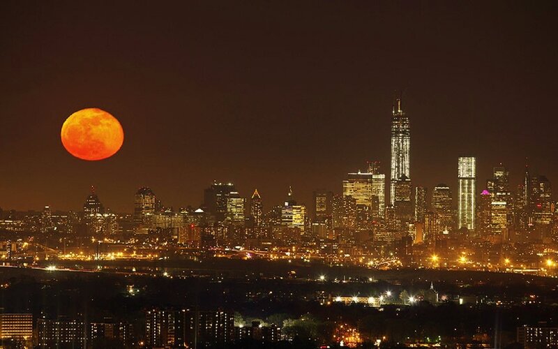 Full Moon over City — Orange, Dramatic, Night