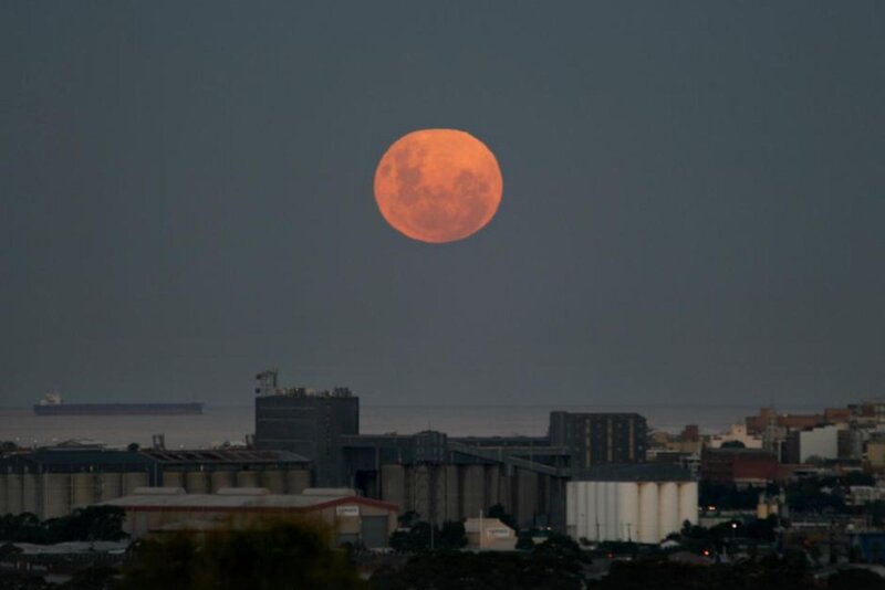 Full Moon over City — Orange, Dramatic