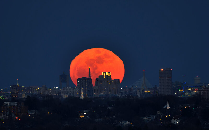 Full Moon over City — Red, Dramatic