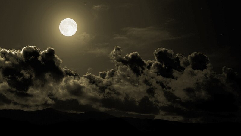 Full Moon over Clouds — Black, Dramatic, Night, Photograph, Mountains, Gray
