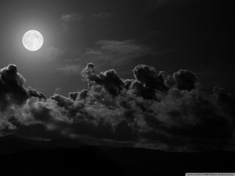 Full Moon over Clouds — Black, Dramatic, Night, Photograph, Mountains
