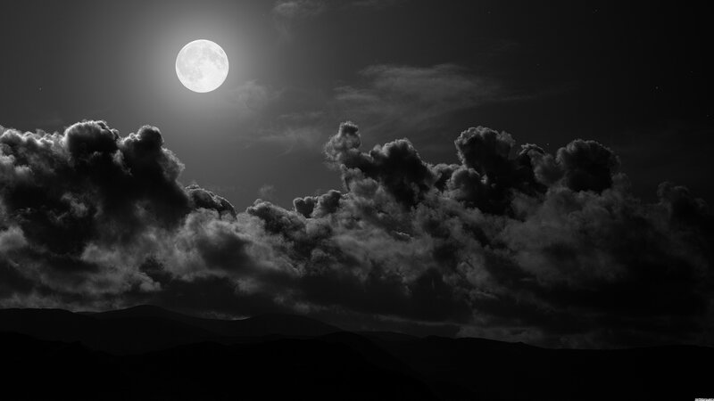 Full Moon over Clouds — Black, Dramatic, Night, Photograph