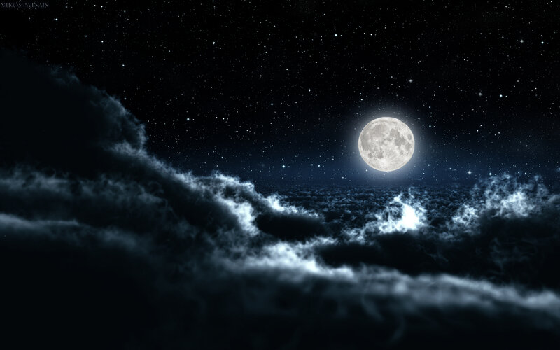 Full Moon over Clouds — Black, Serene, Night