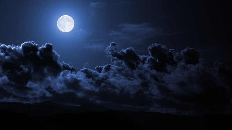 Full Moon over Clouds — Blue, Dramatic, Night, Digital Art, Mountains
