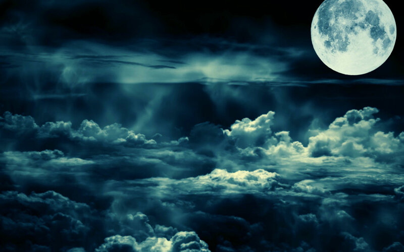 Full Moon over Clouds — Blue, Dramatic, Night, Digital Art