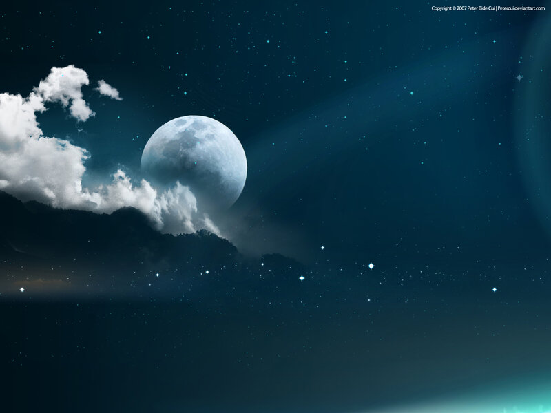 Full Moon over Clouds — Blue, Serene, Night, Digital Art, Stars, Mountains, White