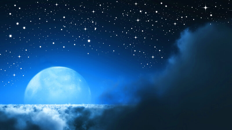Full Moon over Clouds — Blue, Serene, Night, Digital Art, Stars