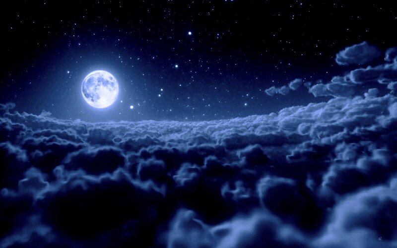 Full Moon over Clouds — Blue, Serene, Night, Digital Art