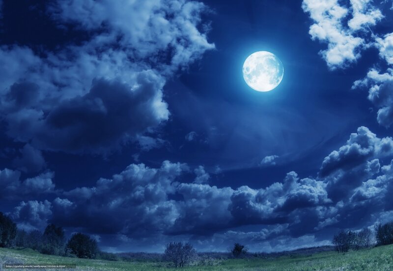 Full Moon over Field — Blue, Dramatic, Night, Photograph