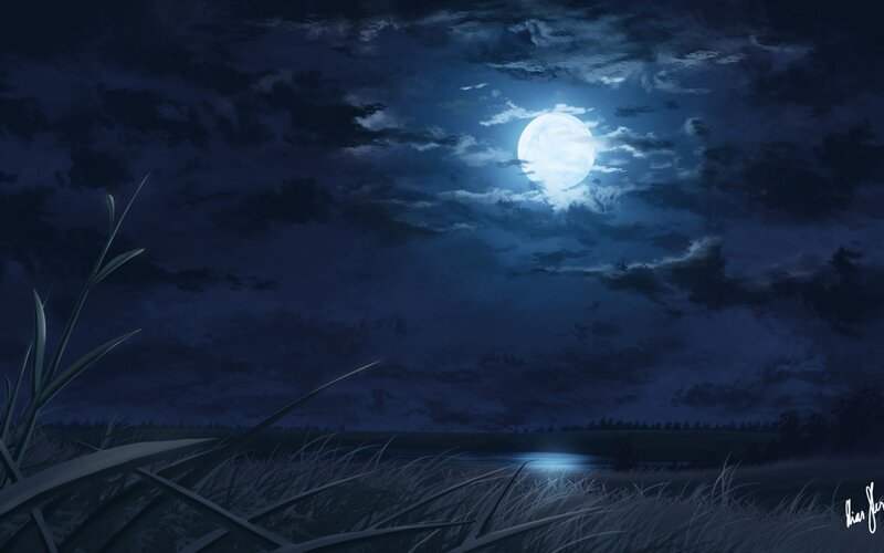 Full Moon over Field — Blue, Serene