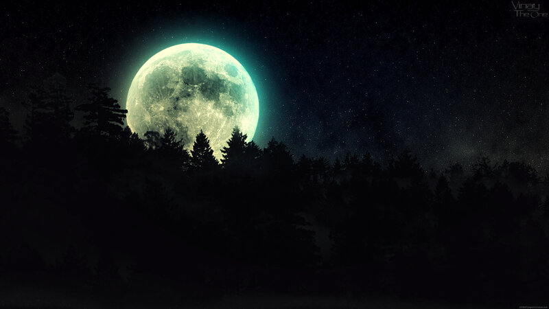 Full Moon over Forest — Black, Serene, Night