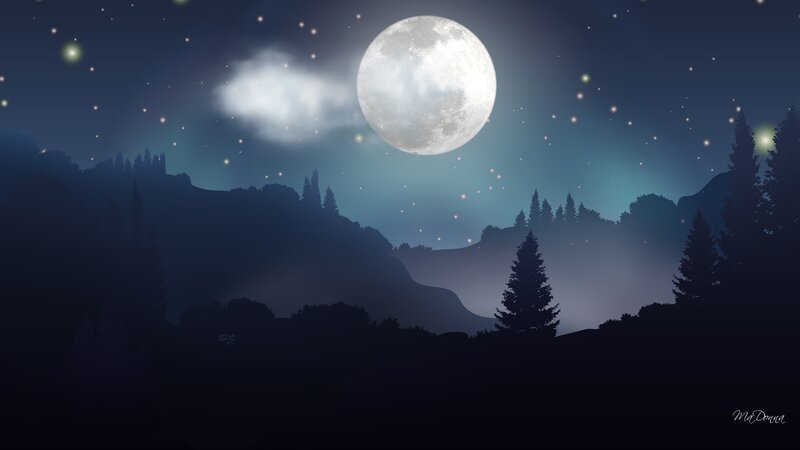Full Moon over Forest — Blue, Serene