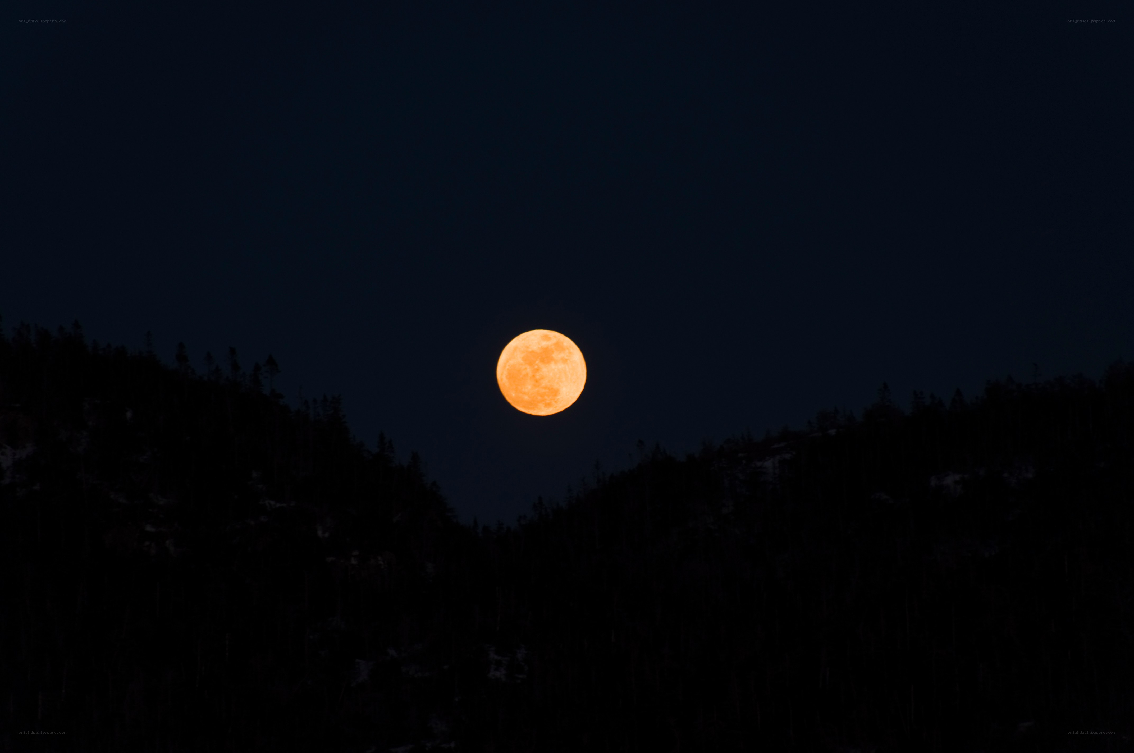 Full moon over forested hills
