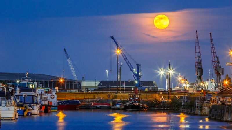 Full Moon over Harbor — Blue