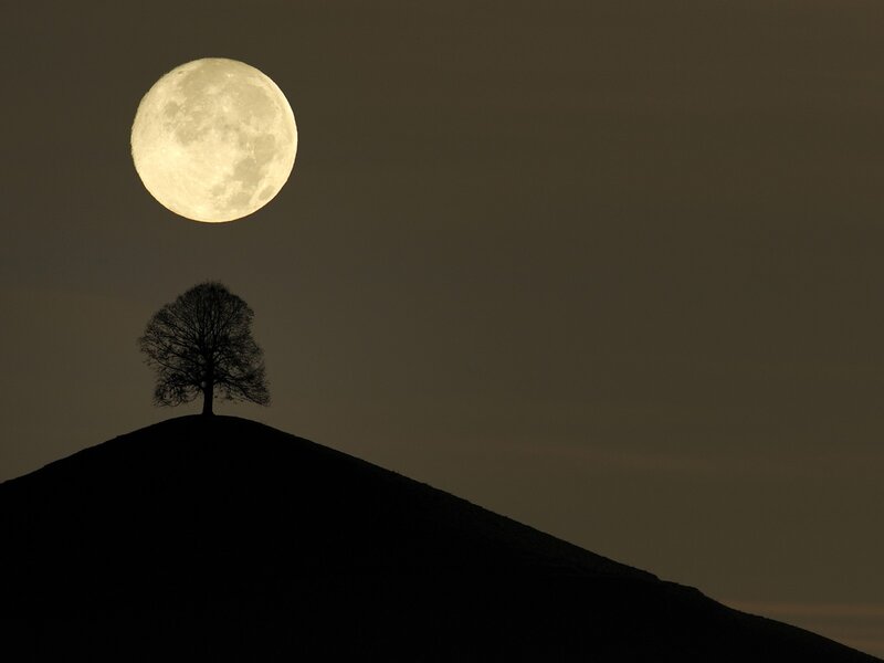 Full Moon over Hill — Black, Serene, Night