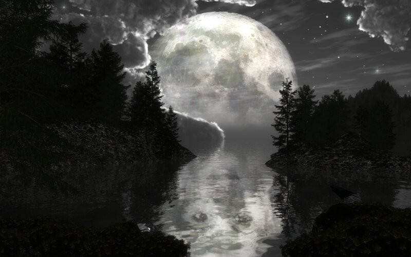 Full Moon over Lake — Black, Dramatic, Night, Digital Art