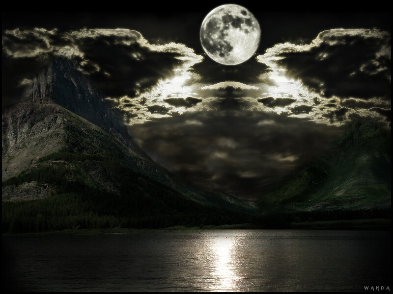 Full Moon over Lake — Black, Dramatic