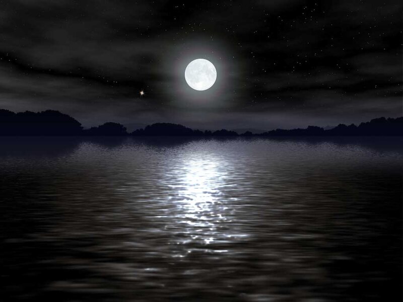 Full Moon over Lake — Black, Serene, Night, Digital Art