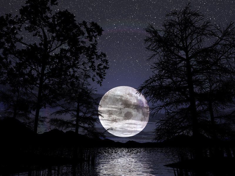 Full Moon over Lake — Black, Serene, Night, Digital Art, Trees, Stars, Mountains