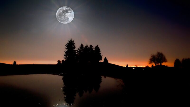 Full Moon over Lake — Black, Serene, Night, Photograph, Trees