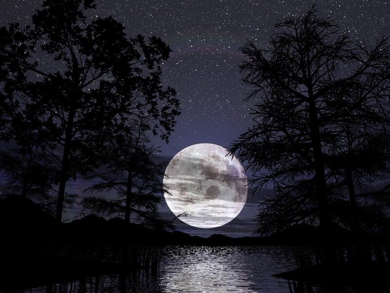 Full Moon over Lake — Black, Serene, Night