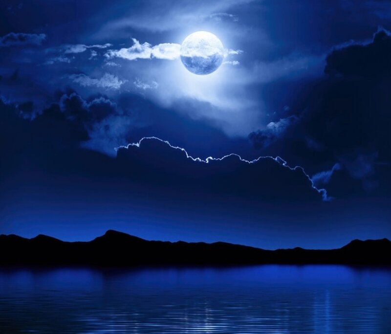 Full Moon over Lake — Blue, Serene, Night, Digital Art, Clouds, Mountains