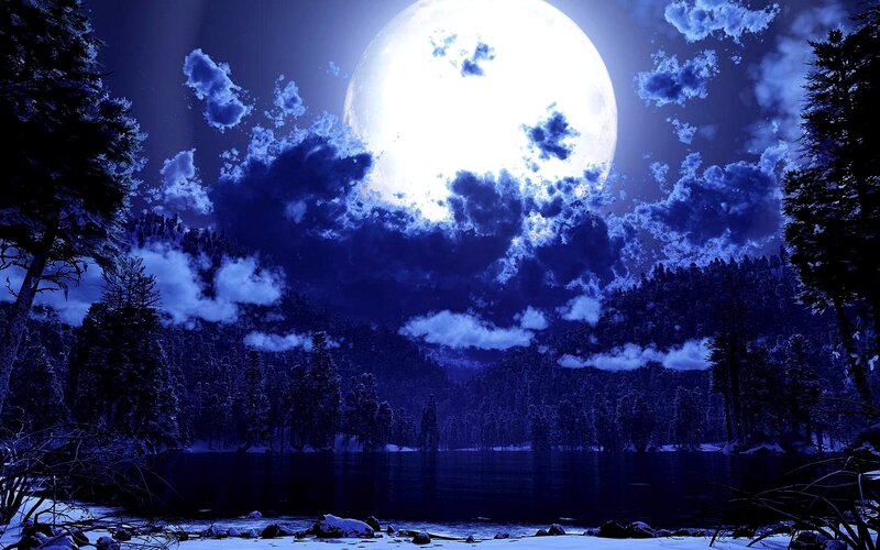 Full Moon over Lake — Blue, Serene, Night, Digital Art, Clouds