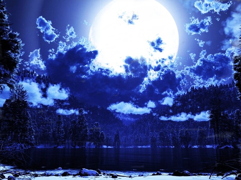 Full Moon over Lake — Blue, Serene, Night, Digital Art, Clouds, Trees