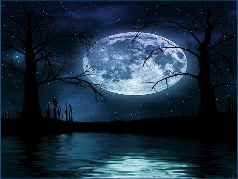 Full Moon over Lake — Blue, Serene, Night, Digital Art