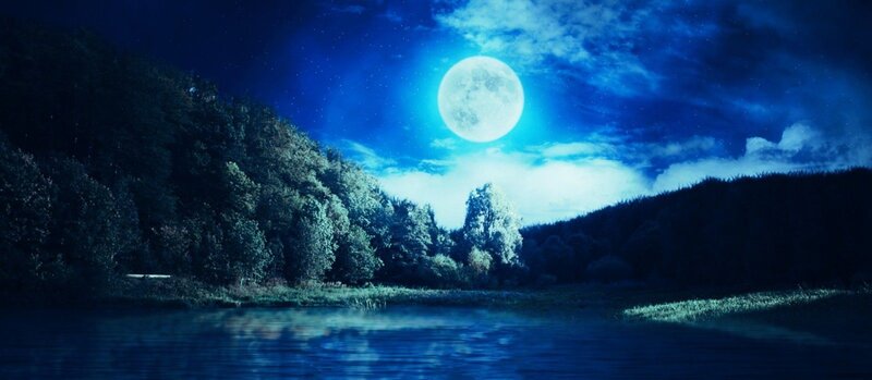 Full Moon over Lake — Blue, Serene, Night, Digital Art, Trees