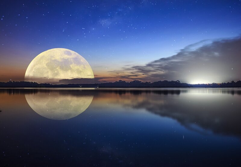 Full Moon over Lake — Blue, Serene, Night, Photograph, Stars