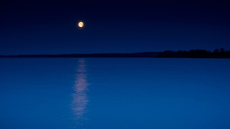 Full Moon over Lake — Blue, Serene, Night, Photograph