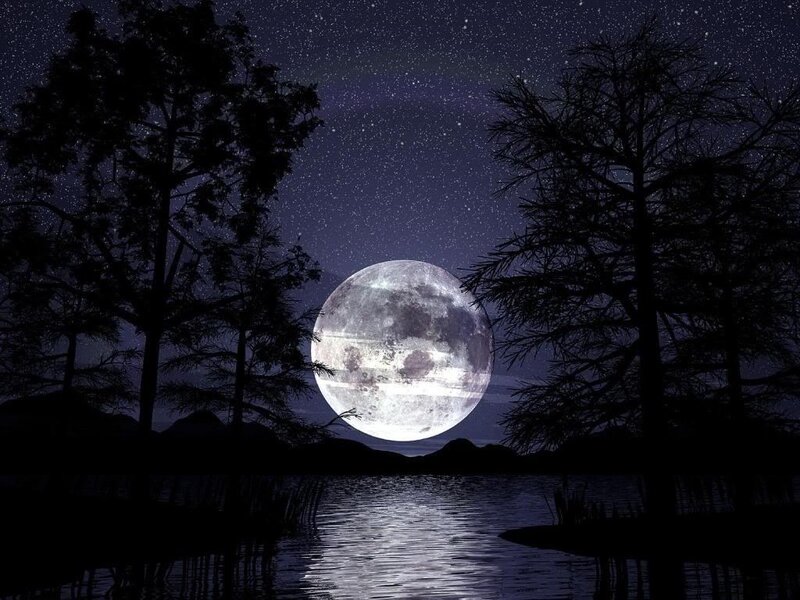 Full Moon over Lake — Blue, Serene, Night