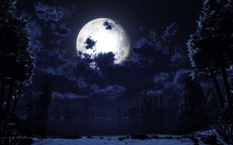 Full Moon over Lake — Blue