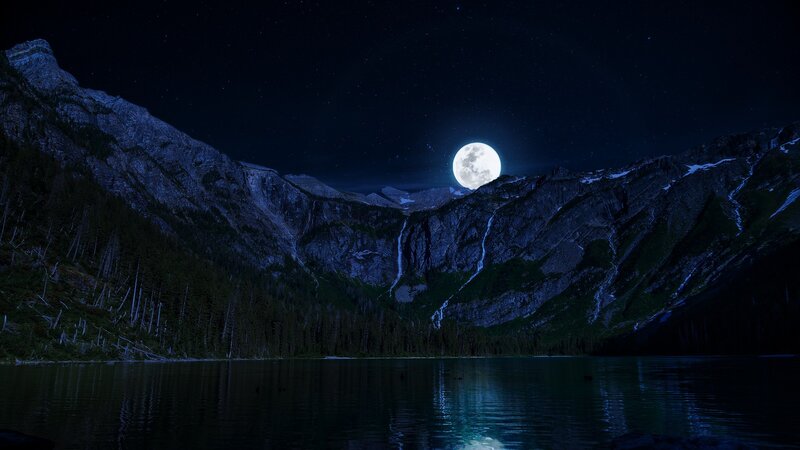 Full Moon over Mountain Lake — Blue