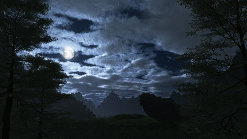 Full Moon over Mountains — Blue, Serene, Night, Digital Art