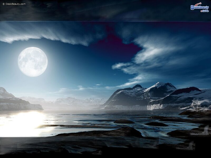 Full Moon over Mountains — Blue, Serene, Night, Digital Art, Water, Clouds
